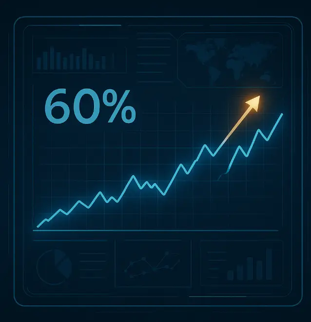 Laptop screen displaying LinkedIn B2B lead generation analytics with an upward-trending graph showing a 60% increase in qualified leads.