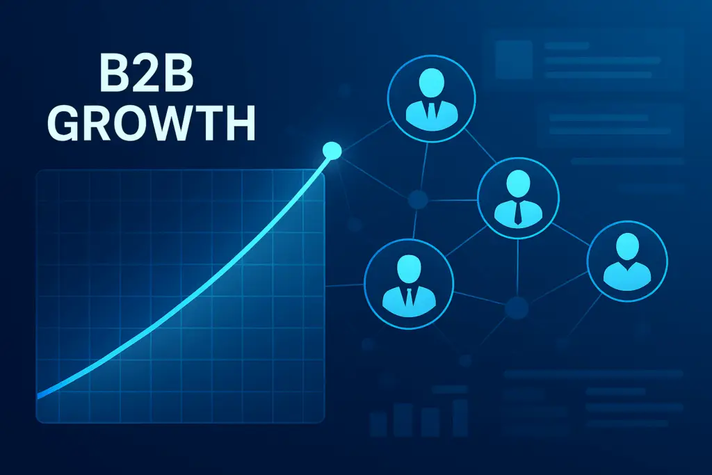 B2B lead generation dashboard showing connected digital network and upward growth graph.