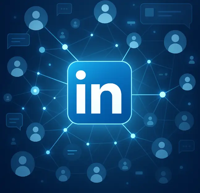 Futuristic illustration of LinkedIn transforming into a B2B lead generation engine, symbolizing how CEOs use strategic visibility to attract clients