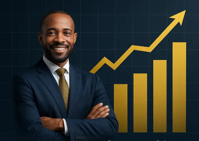 Confident CEO standing in front of a digital growth chart representing how personal branding drives B2B success