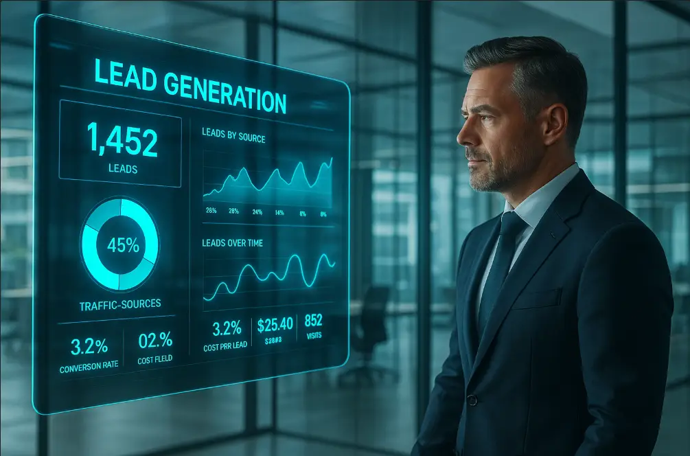 CEO analyzing B2B lead generation dashboard showing qualified leads and marketing performance data in a modern office environment