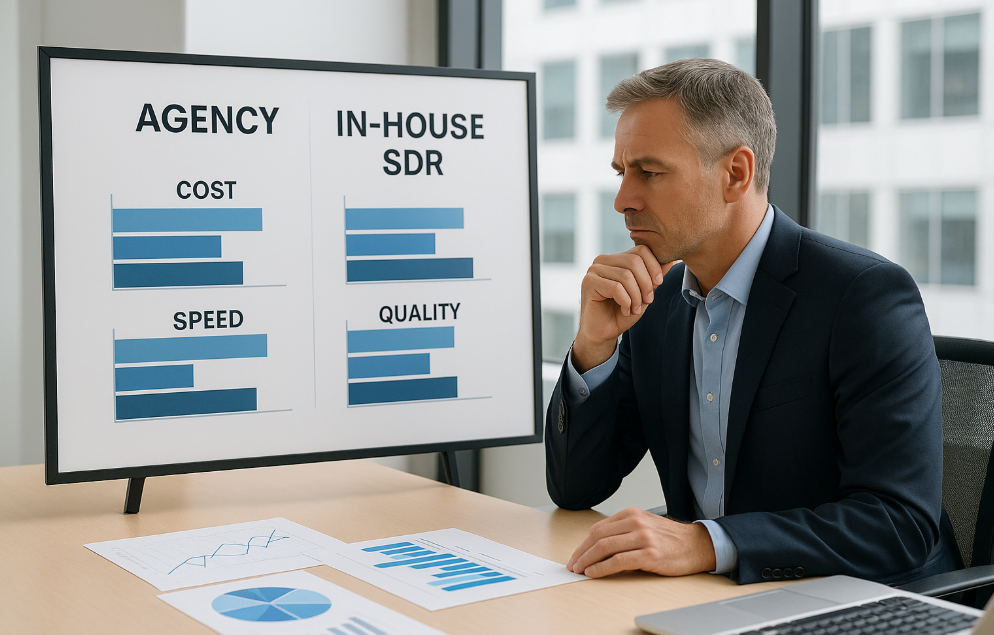 A focused businessman reviews a presentation comparing a B2B lead generation agency and an in-house SDR team, with charts labeled cost, speed, and quality, representing decision-making on pipeline and budget efficiency.