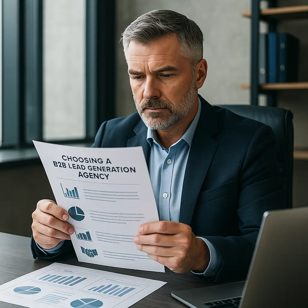 A middle-aged CEO in a modern office studies a printed checklist titled “Choosing a B2B Lead Generation Agency,” surrounded by business charts and a laptop — representing strategic decision-making for company growth.